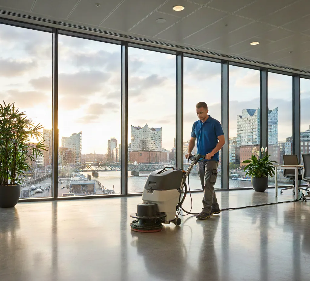 Gewerbekunden Maschinelle Bodenreinigung in einem Bürogebäude durch BRILLANT Reinigungsservice in Hamburg – gepflegte Arbeitsumgebung für Unternehmen.