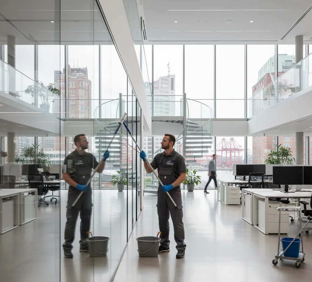 Gewerbekunden Professionelle Glasreinigung in modernen Büroräumen durch BRILLANT Reinigungsservice in Hamburg – streifenfreie Sauberkeit für klare Sicht.